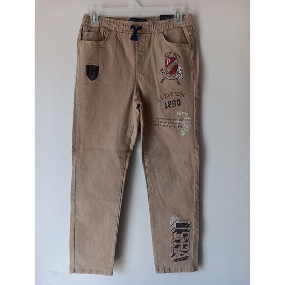 US Polo Assn Boy Jogger Size Large 10/12 BEIGE Elastic Waist Drawstring NWTs - Picture 1 of 13